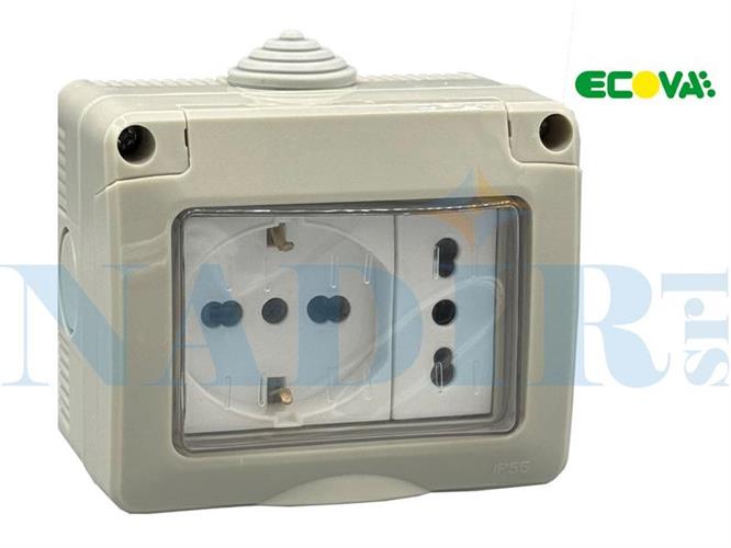 KIT CONTENITORE STAGNO 1 PRESA BIPASSO + 1 PRESA POLIVALENTE IP55