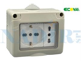 KIT CONTENITORE STAGNO 1 PRESA BIPASSO + 1 PRESA POLIVALENTE IP55