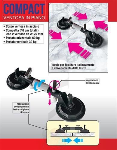 VENTOSA DOPPIA AVVICINAMENTO PIASTRELLE ø125 PORTATA 60KG COMPACT