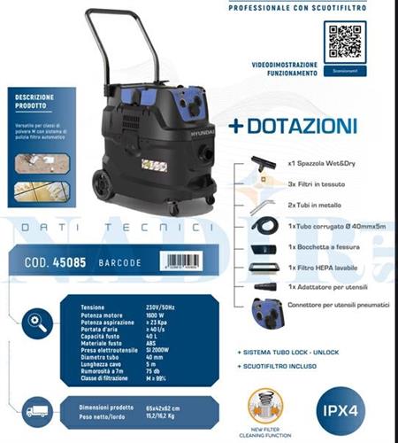 ASPIRATORE PROFESSIONALE HYUNDAI 40LT 1600W FILTRO M