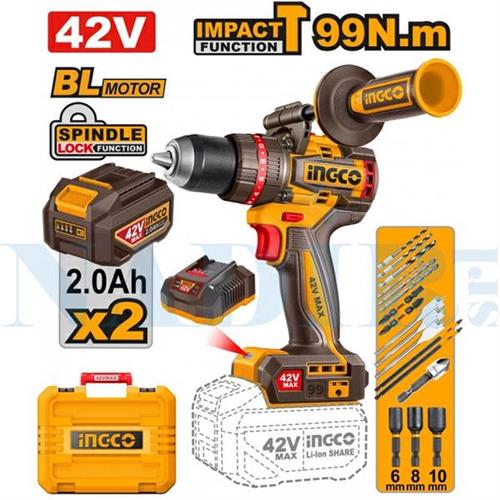 TRAPANO AVVITATORE PERCUSSORE INGCO 42V BRUSHLESS 99N 2X2.0AH