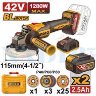 SMERIGLIATRICE BATTERIA INGCO BRUSHLESS ø115 42V 2X2.5AH