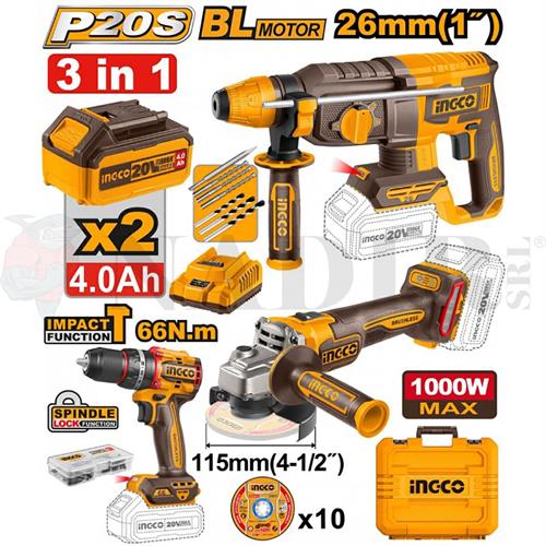 COMBO 3IN1 SMERIGLIATRICE+AVVITATORE+TASELLATORE 20V +2BATTERIE 4AH
