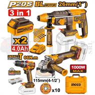 COMBO 3IN1 SMERIGLIATRICE+AVVITATORE+TASELLATORE 20V +2BATTERIE 4AH