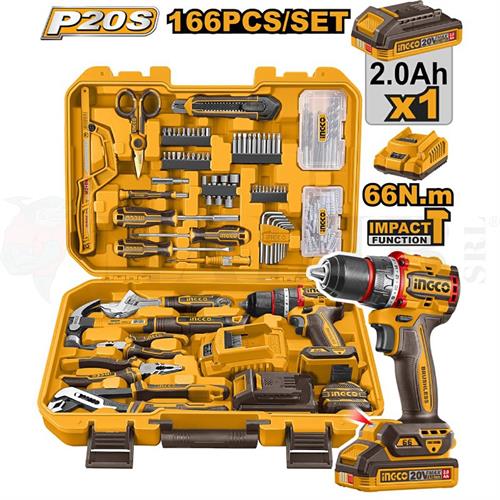 TRAPANO AVVITATORE PERCUSSORE INGCO 20V BRUSHLESS 1X2AH + KIT 166PZ