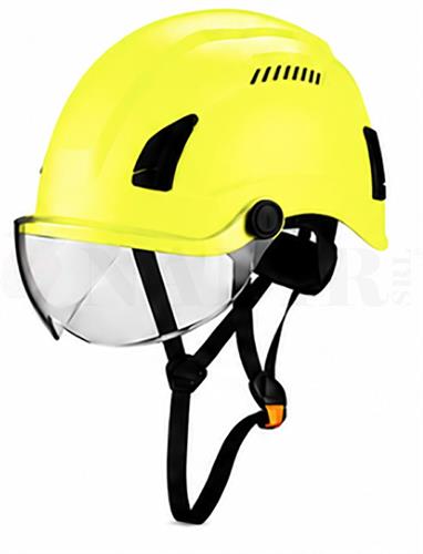 CASCO DA PONTEGGIATORE IN QUOTA COLORE GIALLO FLUO CON VISIERA
