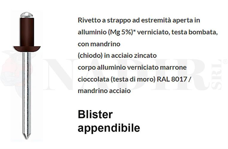 RIVETTI ALLUMINIO ANODIZZATO TESTA DI MORO ø4.0X08 BLISTER PZ.100