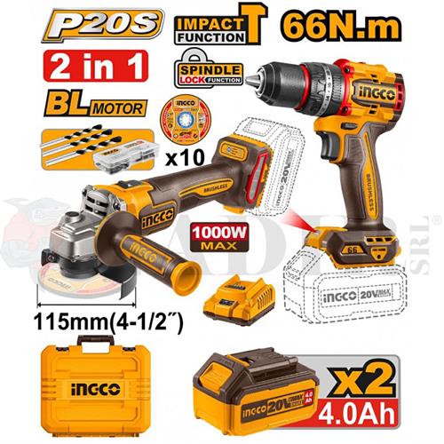 COMBO SMERIGLIATRICE+AVVITATORE INGCO 20V 2 BATTERIE 2AH+4AH
