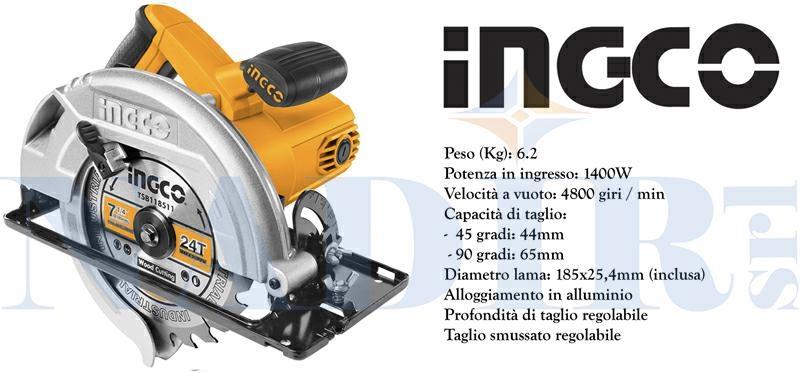SEGA CIRCOLARE INGCO 1600W+DISCO ø185 TAGLIO 65MM-90°